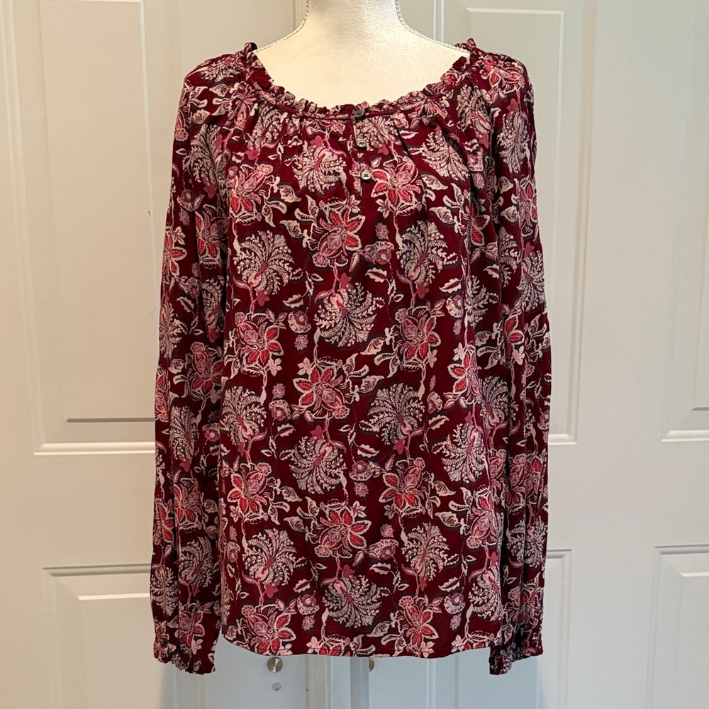 Style & Co. Women’s SZ M Floral Long Sleeve Peasant Blouse - Burgundy Pink